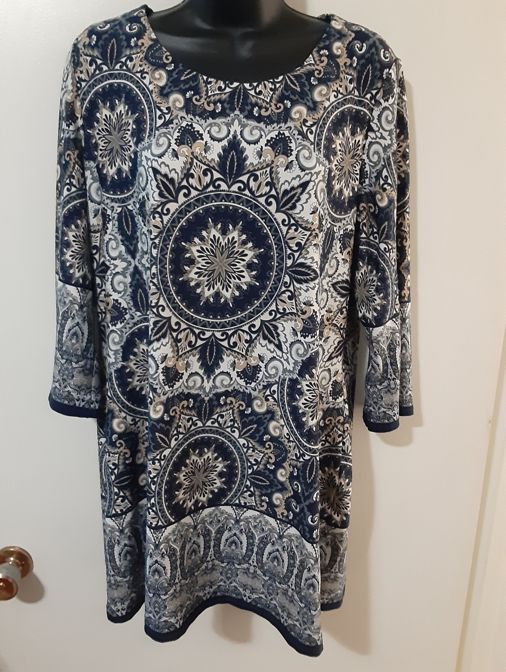 Marie Claire Printed Tunic Dress Blue Tan Medallion Boho Resort M